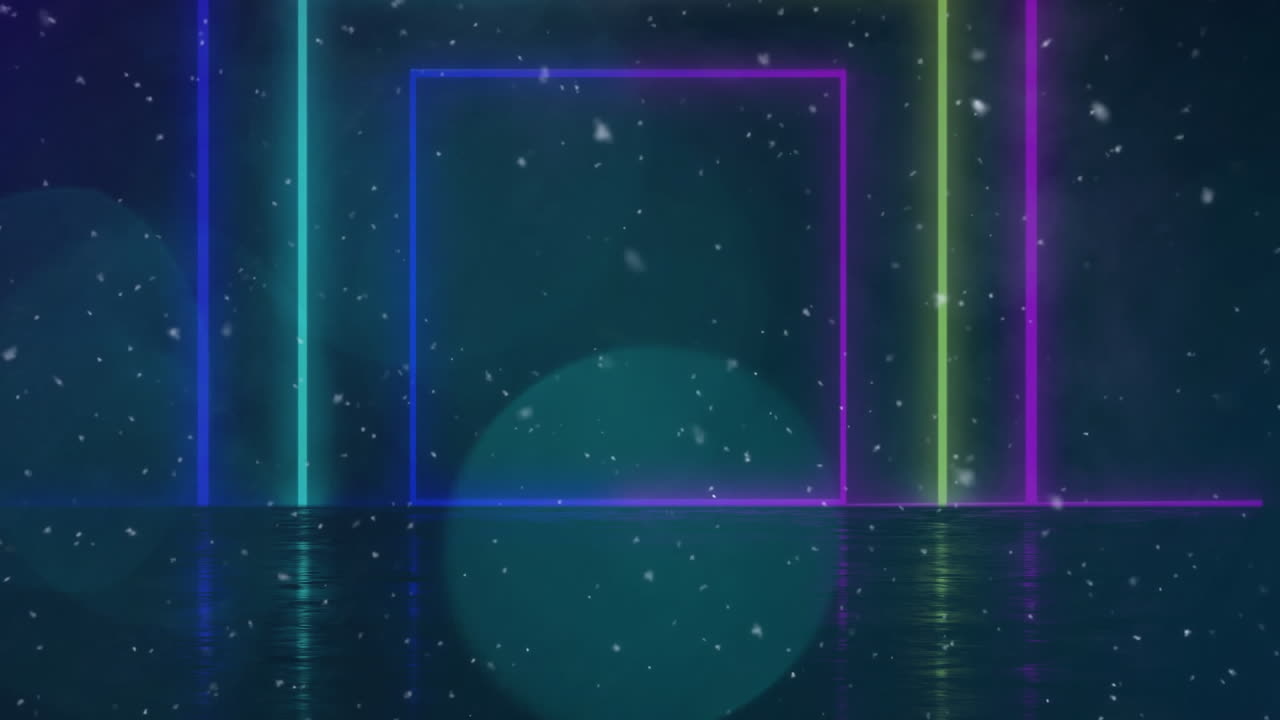 animación de cuadrados de neón y polvo sobre fondo azul oscuro