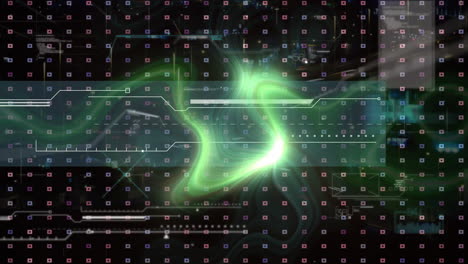 Abstract digital interface being animated over colored grid, showing glowing green data streams