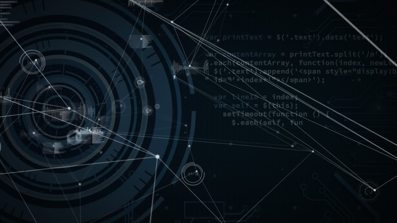 Animation of network of connections with data processing over scope scanning on black background