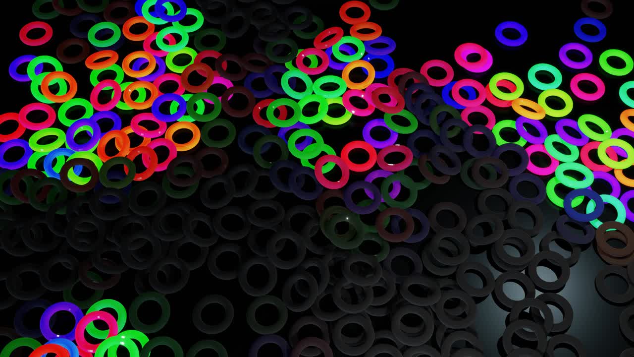 3d fondo en bucle abstracto con muchos torus o anillos grises se colocan en el plano y se encienden. las bombillas comienzan a brillar formando un patrón como una guirnalda de navidad abstracta. las ondas multicolores atraviesan los anillos.