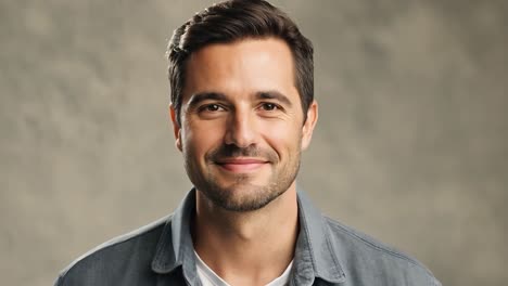 handsome man in his 30s, sporting brown hair and casual attire, smiles subtly against a grey background, exuding confidence and positive emotions in a studio setting