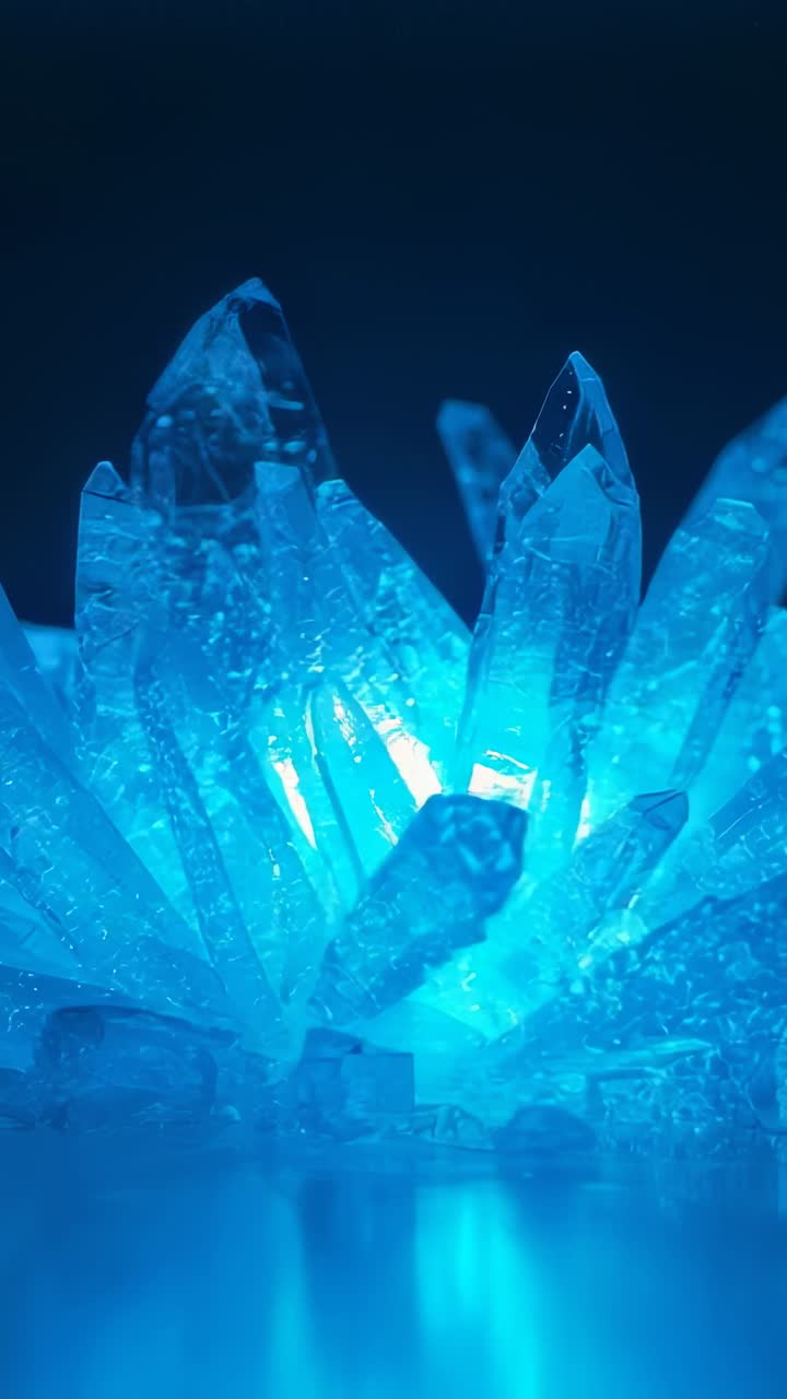 Vertical video: Camera panning, revealing crystal cluster in studio, triggered by pulsing LED light