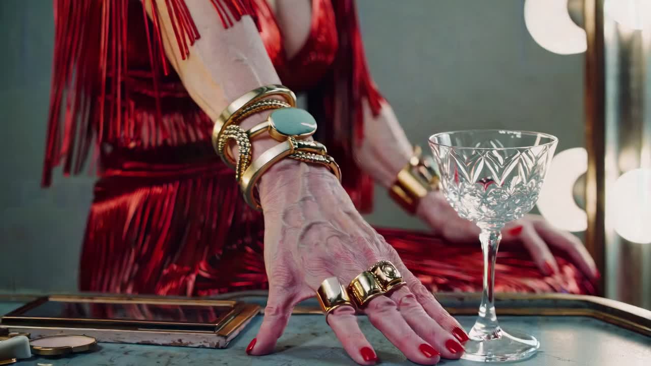 actriz sénior con un vestido de franjas rojas y muchas pulseras y anillos de oro, mostrando sus manos venosas cerca de un vaso de cristal en una mesa de lavado