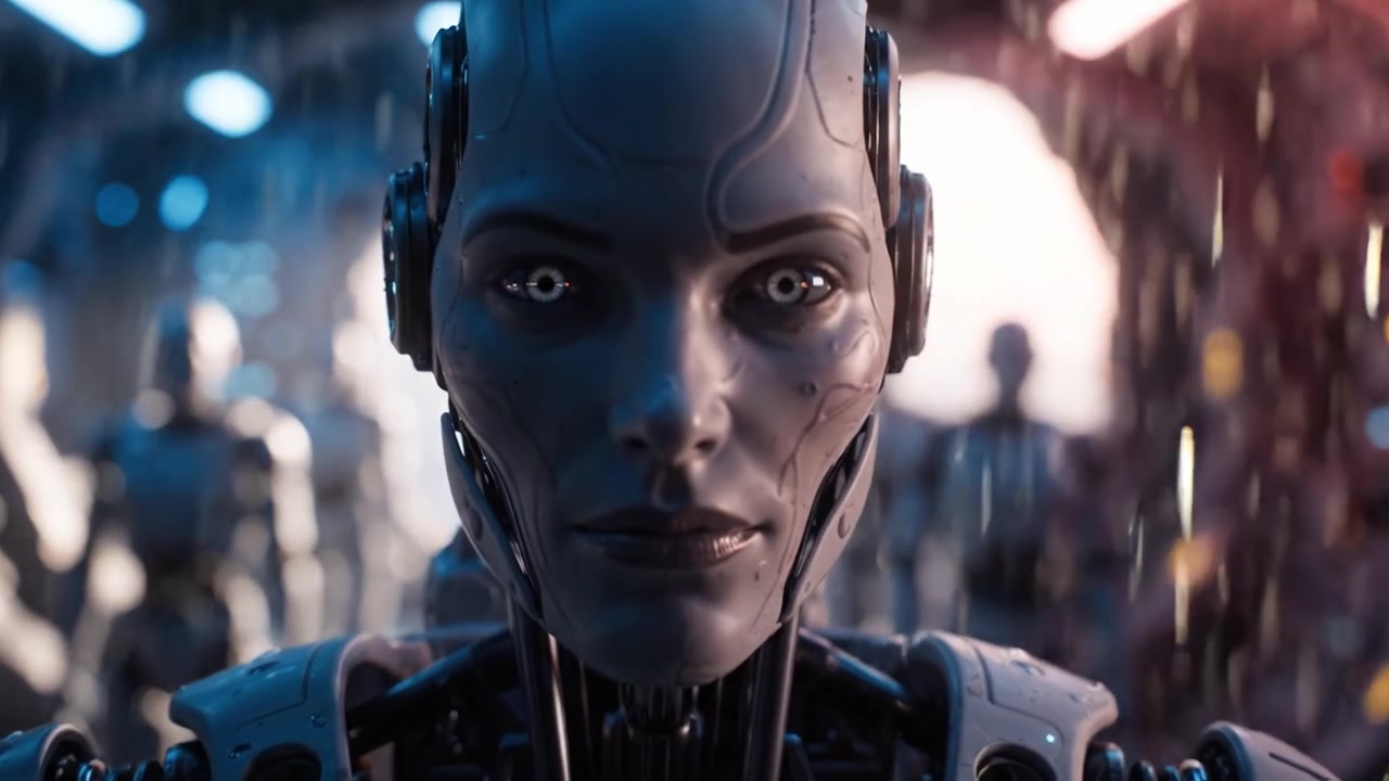 Robot umanoidi futuristici in un ambiente ad alta tecnologia, che mostrano design intricati e un'atmosfera eterea, tra illuminazione drammatica ed effetti di pioggia.