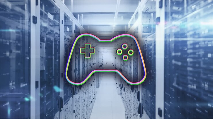 Animation of gaming pad and lights over servers