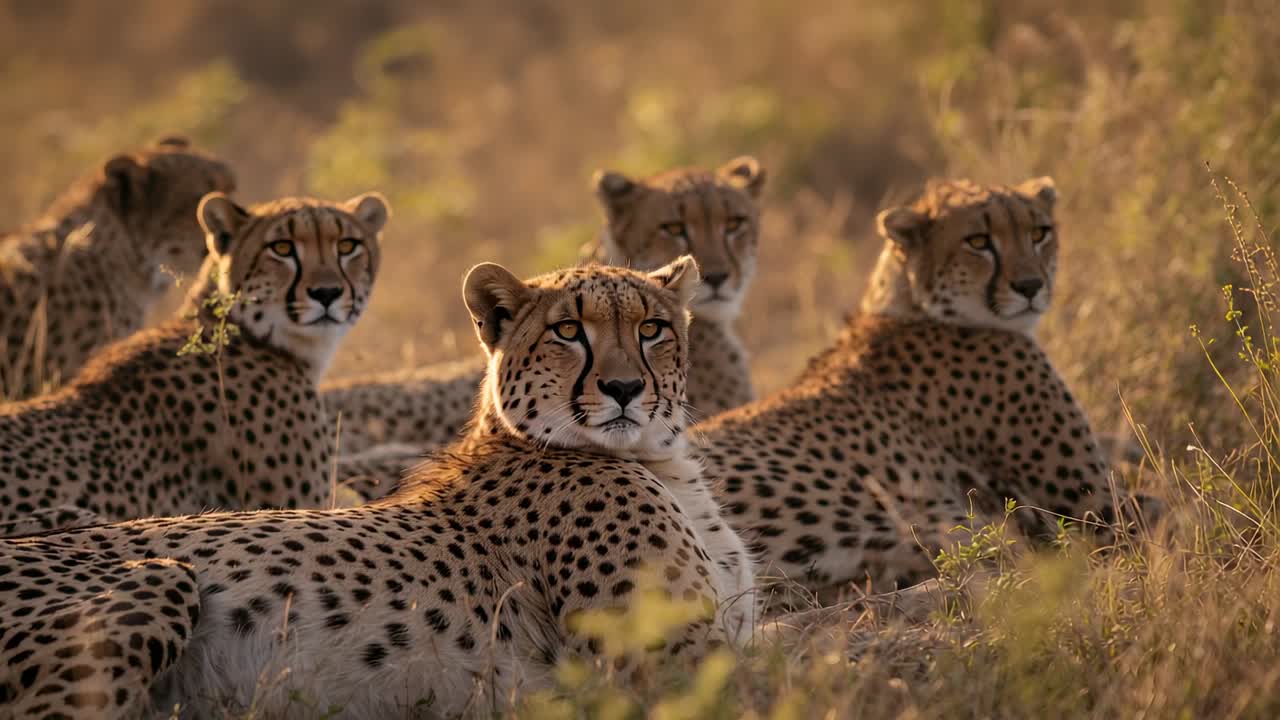 Grasses rustling spurring lead cheetah pivoting head upward and scanning grassland at sunset