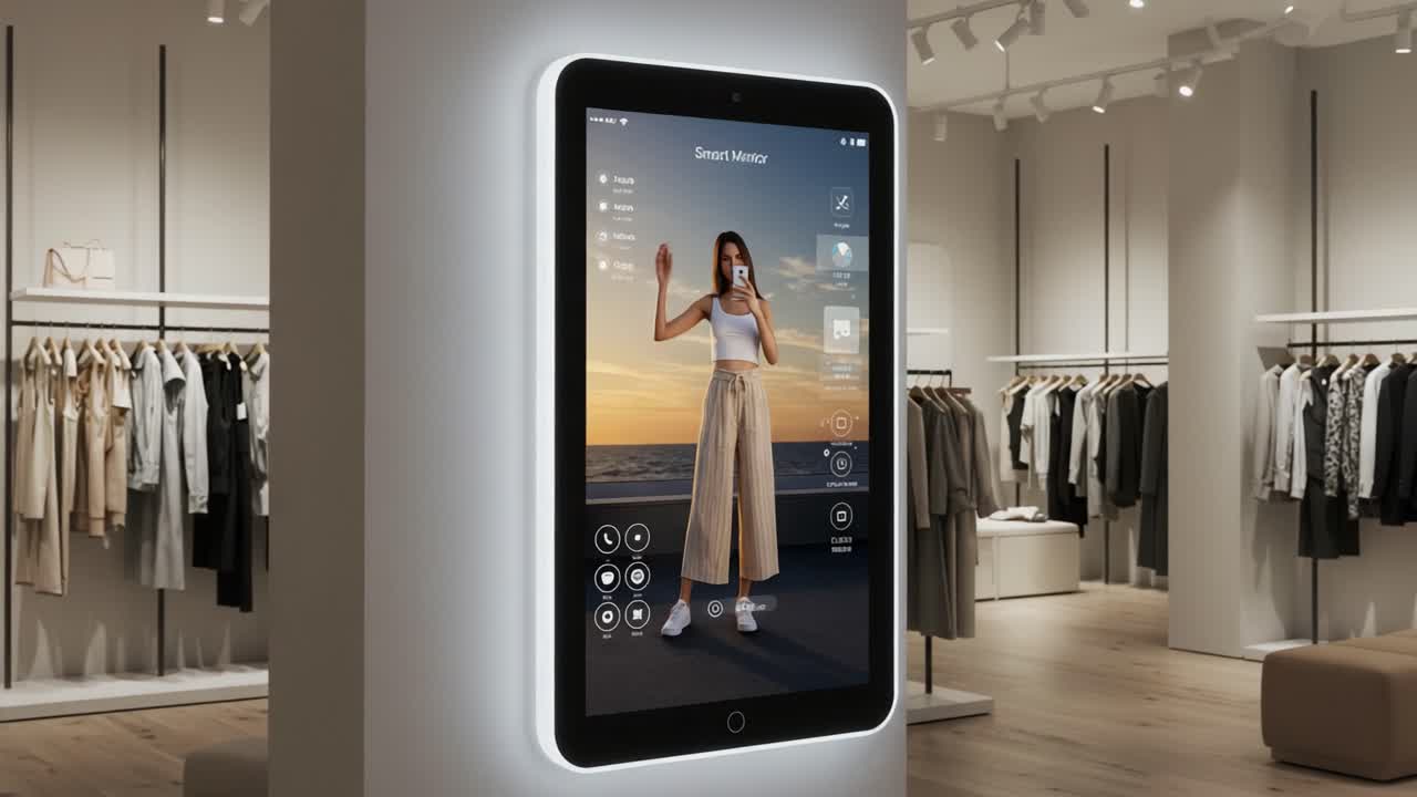 A Modern Smart Mirror in a Fashion Retail Environment Showcasing User Interaction and Innovative Technology for an Enhanced Shopping Experience