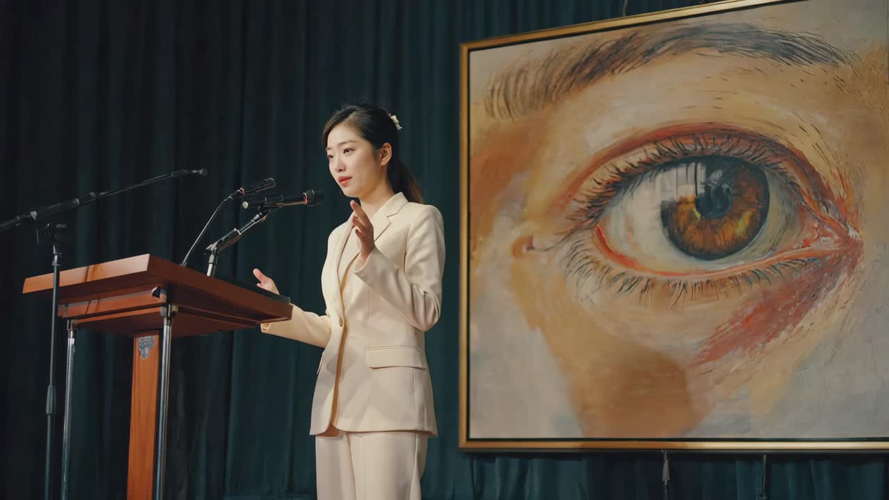 Woman giving a speech in front of a painting
