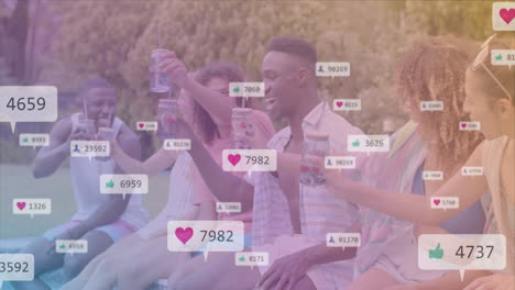 social media likes and comments animation over friends celebrating by poolside