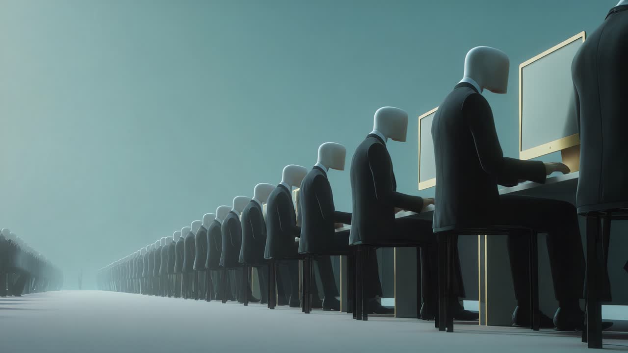 A Row of Faceless Figures Engaged in Computing: An Artistic Representation Exploring Themes of Identity, Technology, and the Nature of Modern Work in a Digital Age