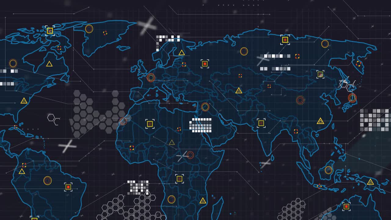 Starting with space, blue world map outline expanding into flat map, icons pulsing, lines adjusting