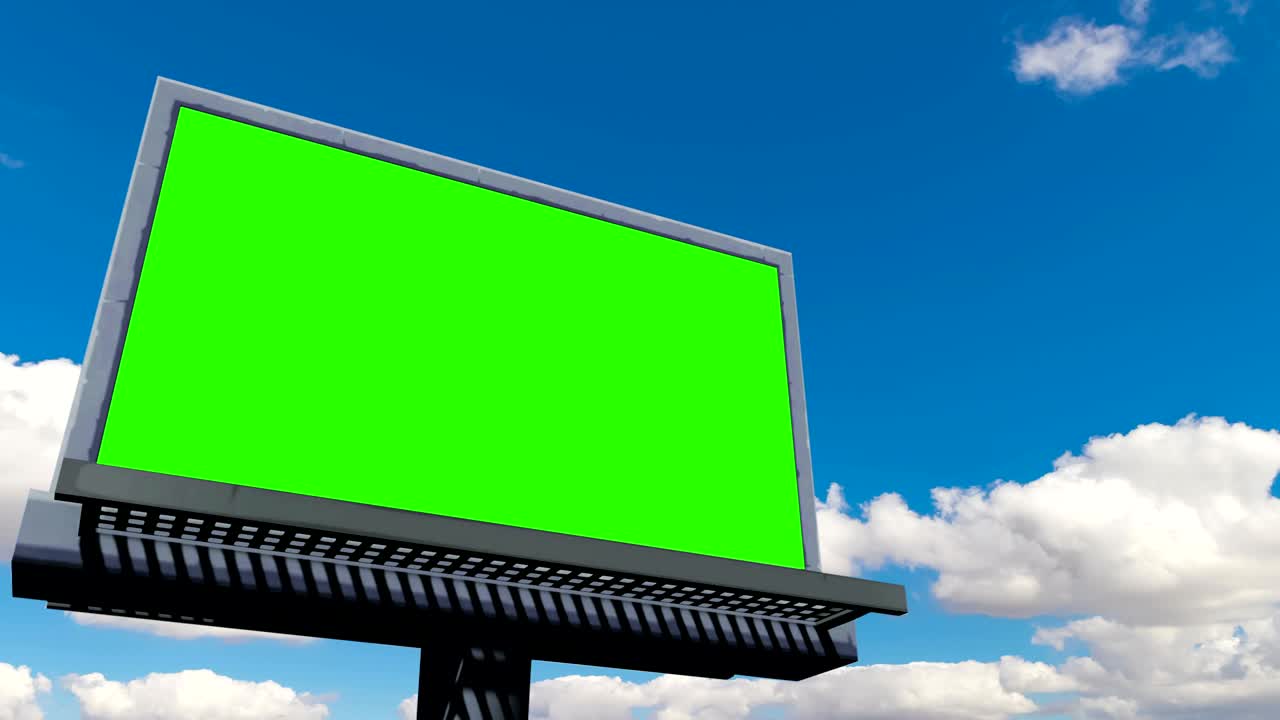 cartel vacío con pantalla verde de clave cromática, en el cielo azul con nubes, movimiento de lapso de tiempo, publicidad