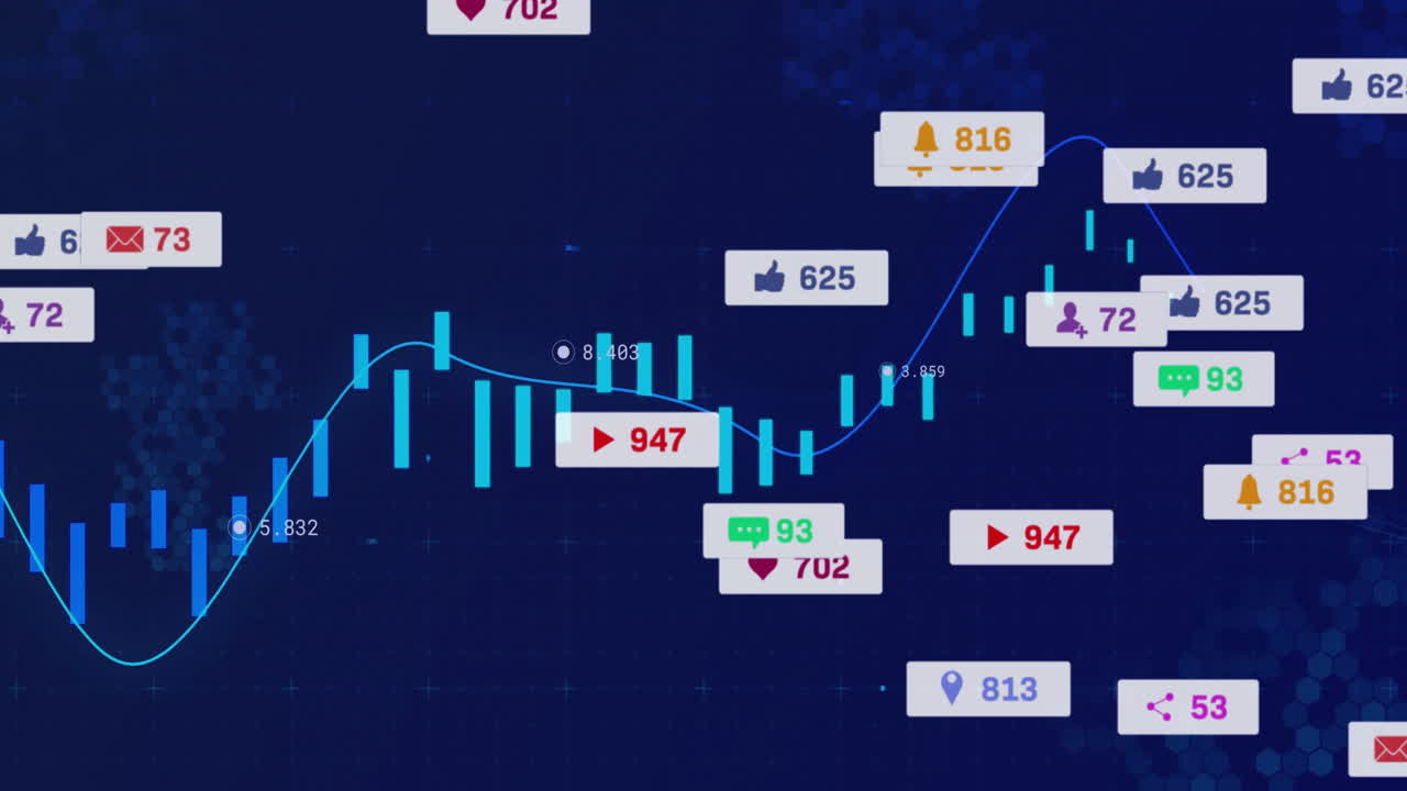 Animation of social media icons over financial data graph on blue background