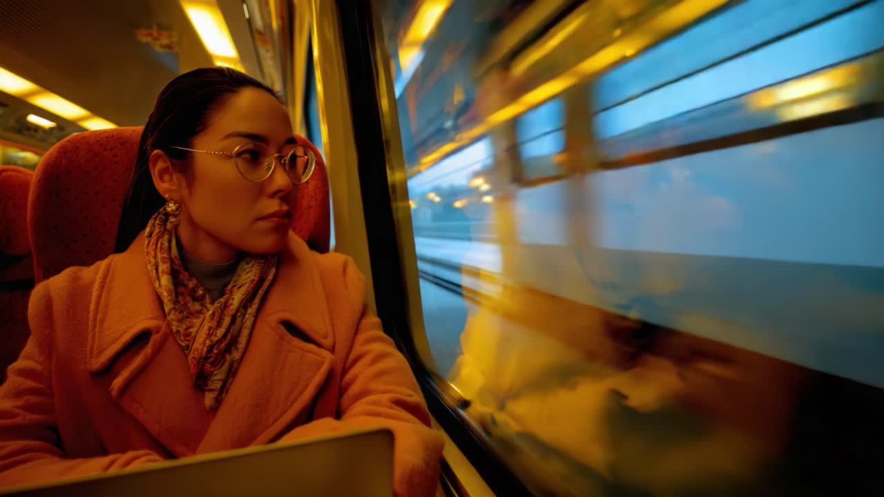 A Thoughtful Journey: A Young Woman in an Orange Coat Gazes Out the Train Window, Capturing the Motion of the Passing Landscape and the Essence of Travel