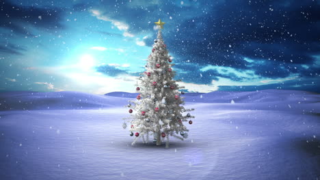 Snow-falling-christmas-tree-in-snowy-landscape