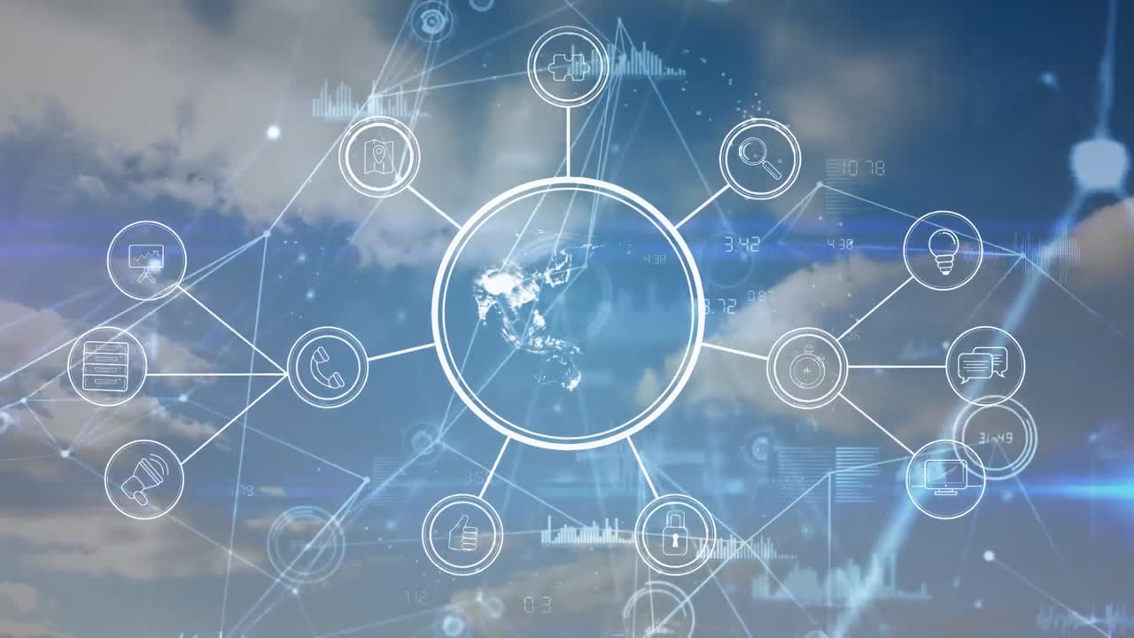 구름이 있는 하늘 위의 연결 네트워크와 아이콘의 애니메이션