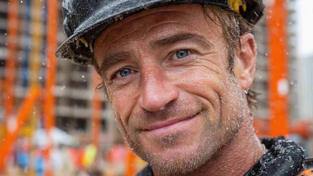 A Resilient Construction Worker Smiling Amidst Challenges on the Job Site, Captured in a Rainy Moment Showcasing Dedication and Hard Work in the Construction Industry