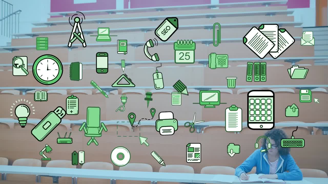 강의 중 백인 여성 학생에 대한 비즈니스 아이콘의 애니메이션