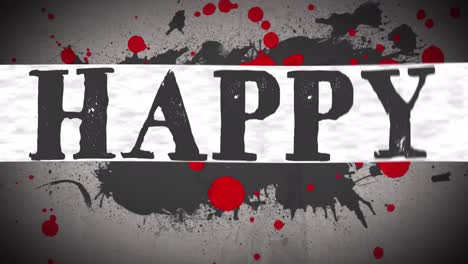 happy halloween text banner against red paint splashes on grey background