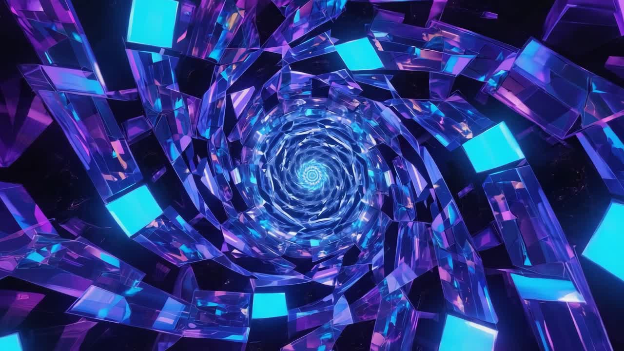 Abstract Spiraling Glass Tunnel with Blue and Purple Neon Lights