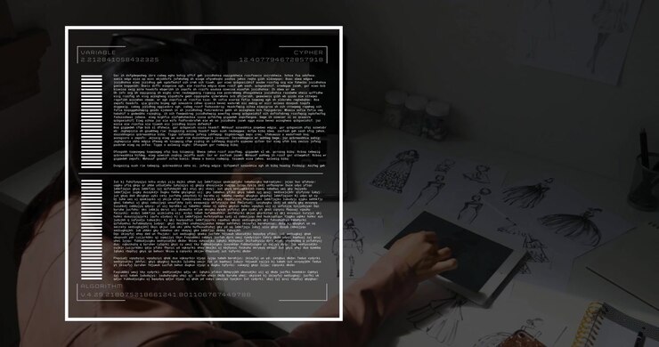 Woman placing stylus on tablet starting fashion VARIABLE CYPHER code overlay advancing progress bar