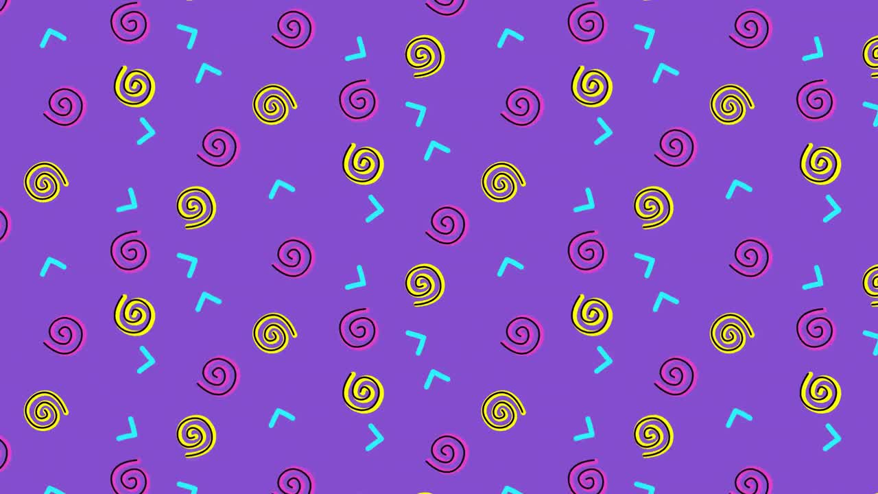 보라색 배경에 파란색 화살표가 있는 분홍색과 노란색의 나선이 움직이는 애니메이션