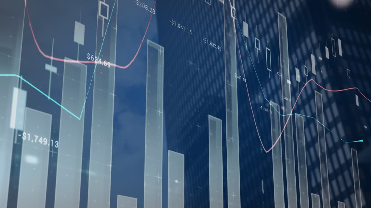 Animation of statistics and financial data processing over modern building