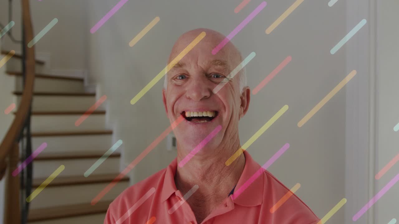 Senior man standing by stairs smiling laughing diagonal streak appearing across face marketing