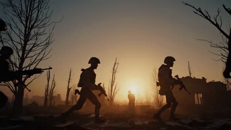 silhouetted armed soldiers moving across war torn battlefield, navigating desolate landscape during sunset, embodying resilience within intense military operation