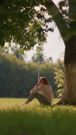 woman sits thoughtfully on grassy ground with hand on chin under tree shade, sunlight filters through leaves, in background, blurred figure moves across open field with distant goalpost