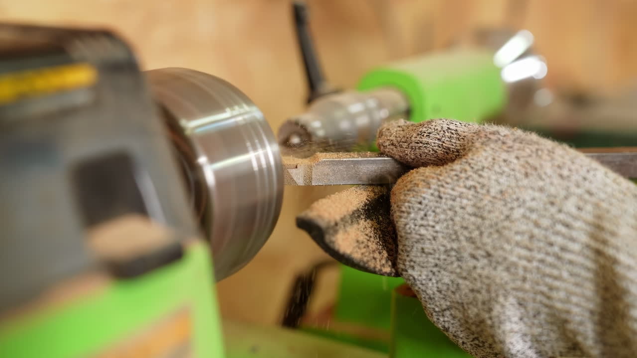Skilled carpenters handmade craftsman builder in apron and gloves equals polishes wooden board with a polishing machine or random orbit sander, sanding wood block part tools, diy master class workshop