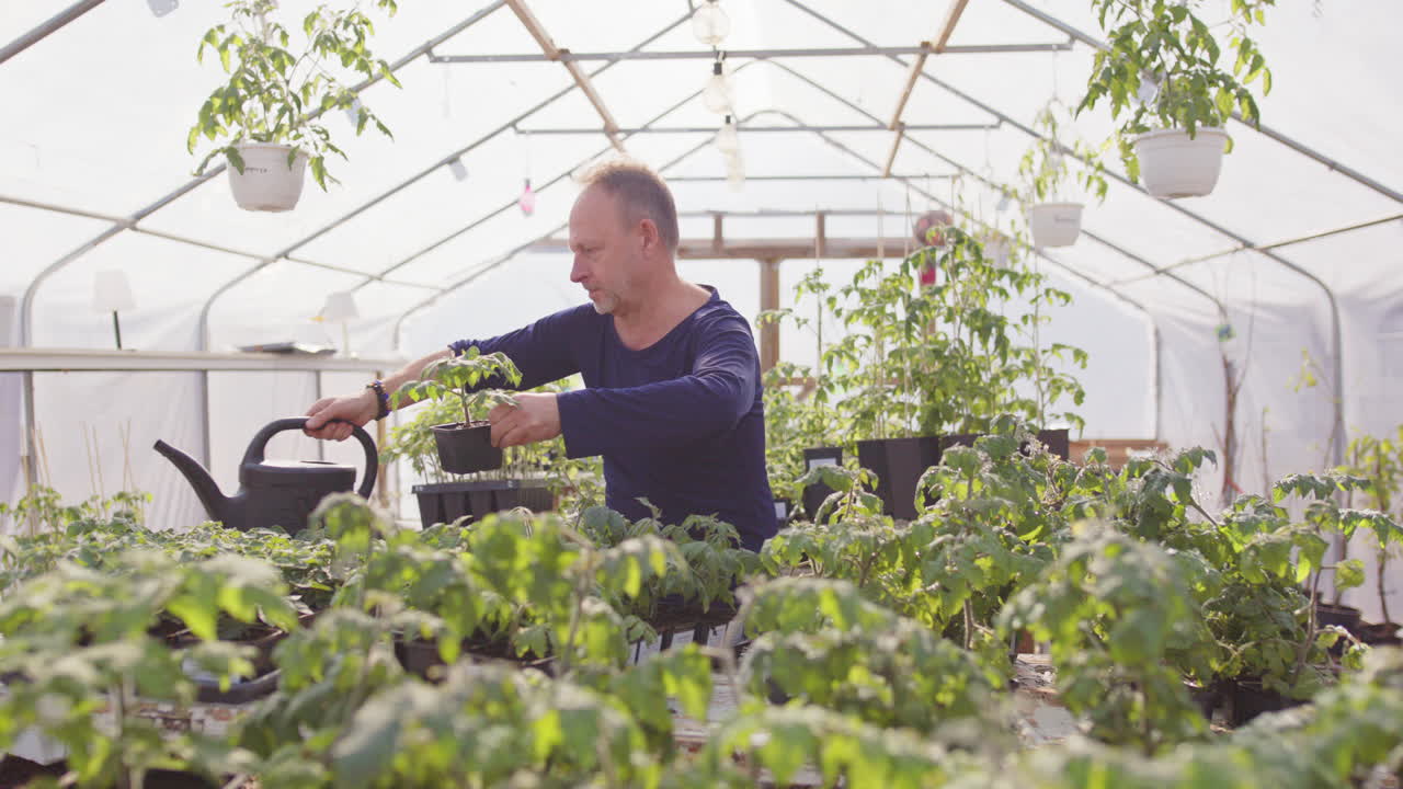 Frontal slider of male green thumb in greenhouse watering young tomato plants