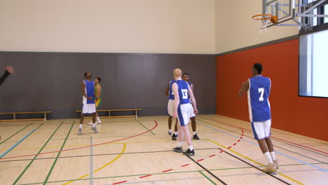 basketball players in blue jerseys strategizing on indoor court during game