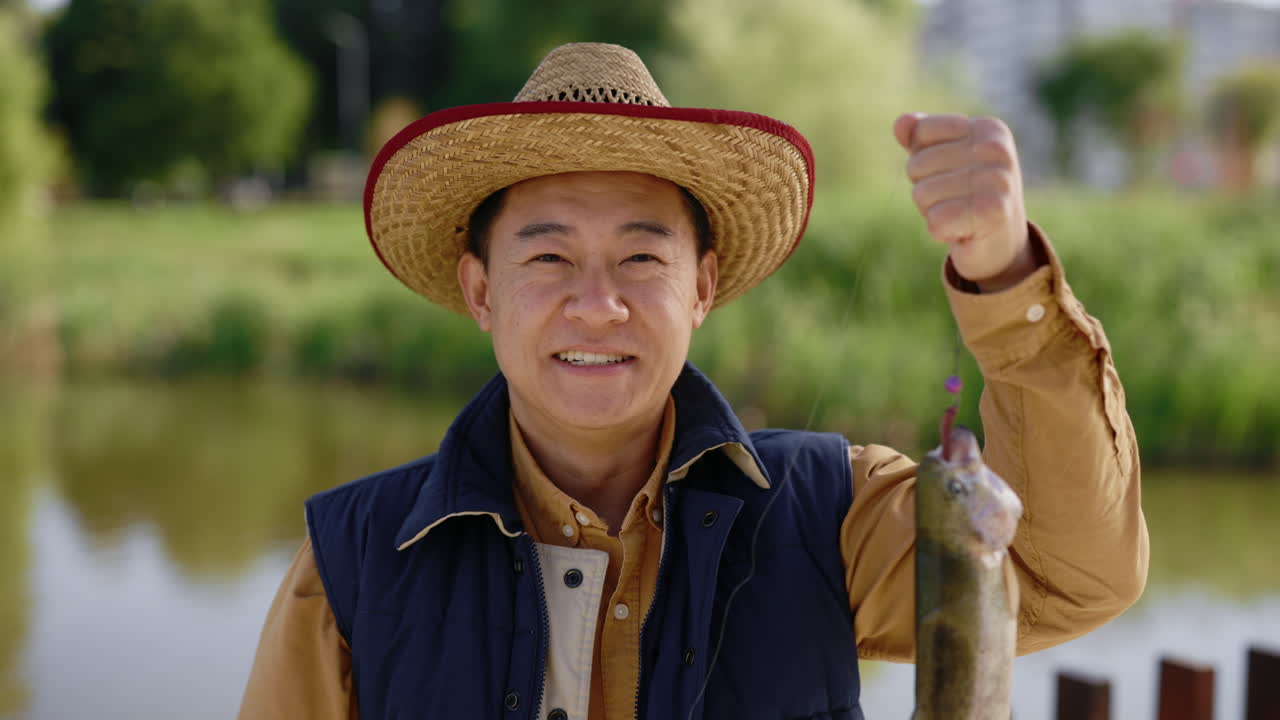 Man Holding a Fish After a Successful Fishing Trip