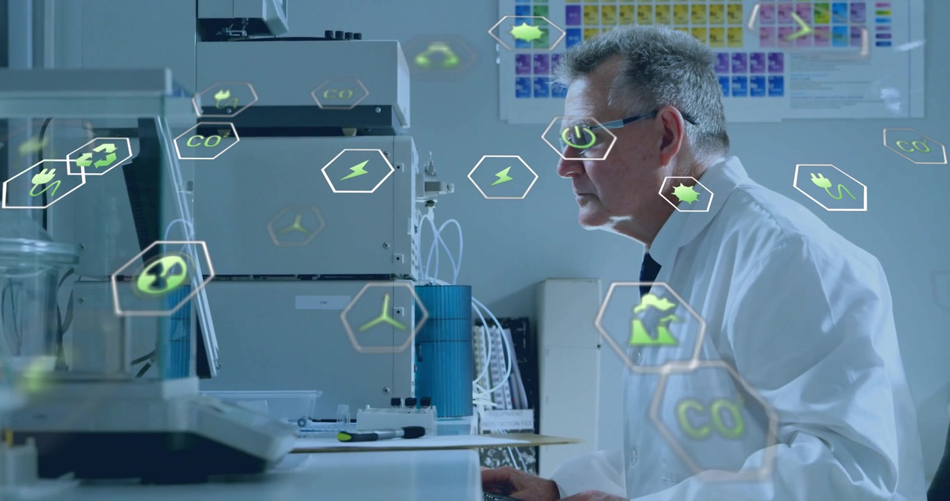 Scientist reaching for sample typing and analyzing data with green hex icons over instruments