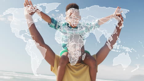 world map animation over child riding on adult''s shoulders at beach