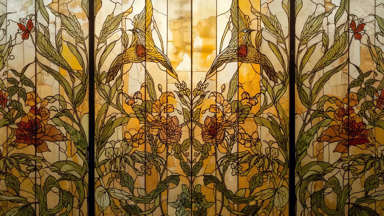 Casting warm glow through stained glass panel at museum, with botanical motifs and stylized birds