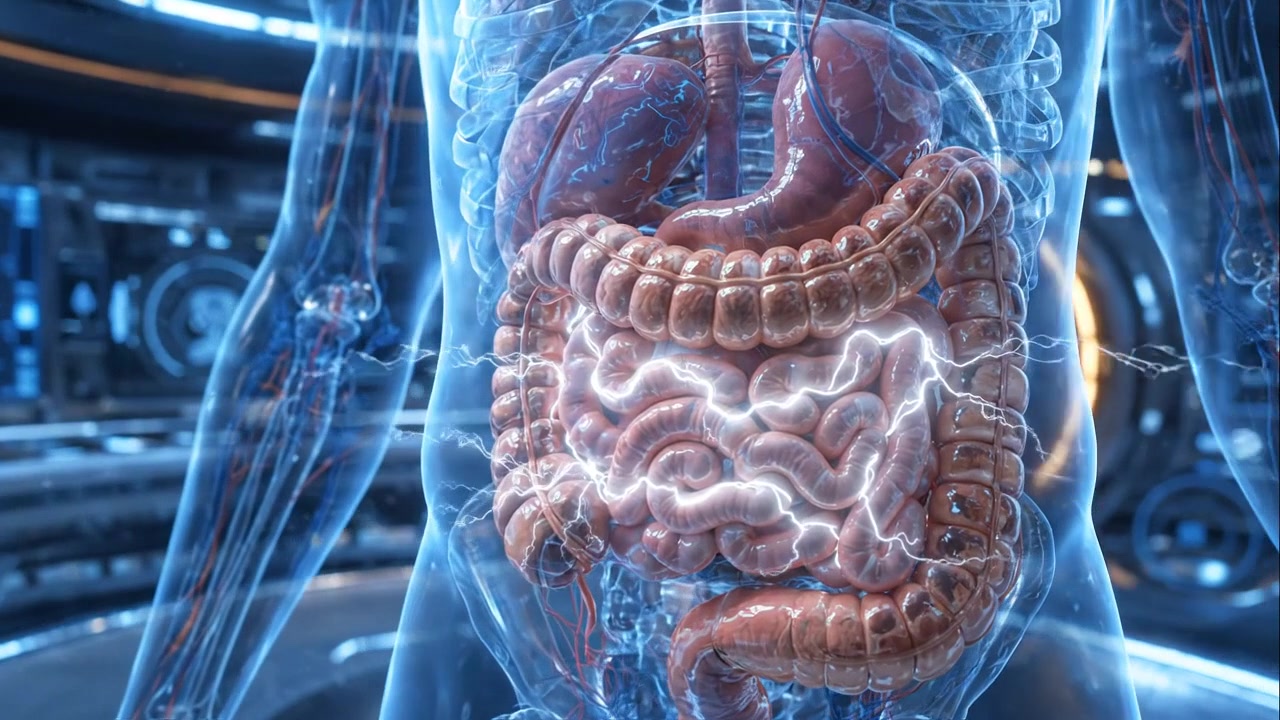 Digital Human Anatomy Model Showing Digestive System with Electrical Activity