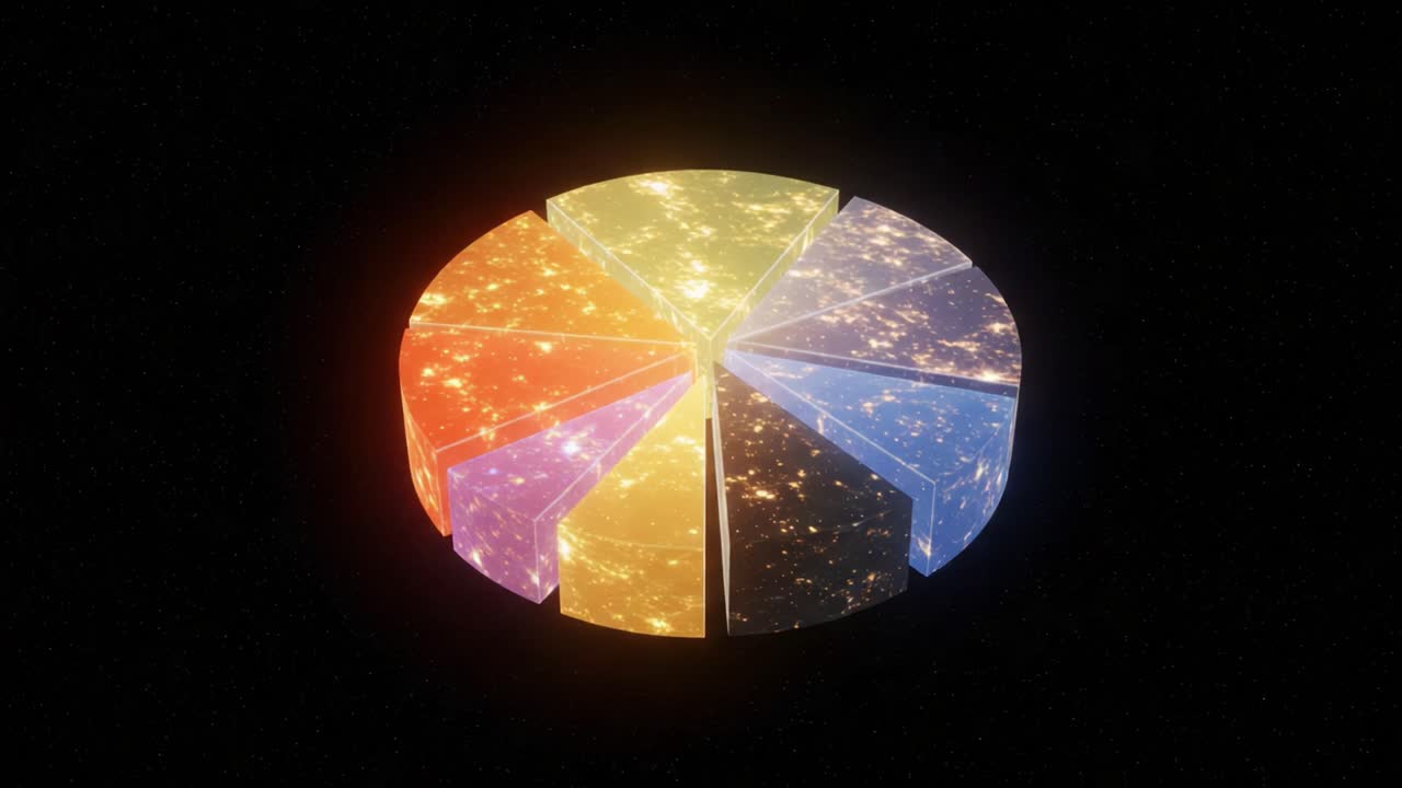 A Visually Stunning Pie Chart Representation of Cosmic Elements, Illuminated in Vibrant Colors, Illustrating the Mysteries of the Universe Through Data Visualization