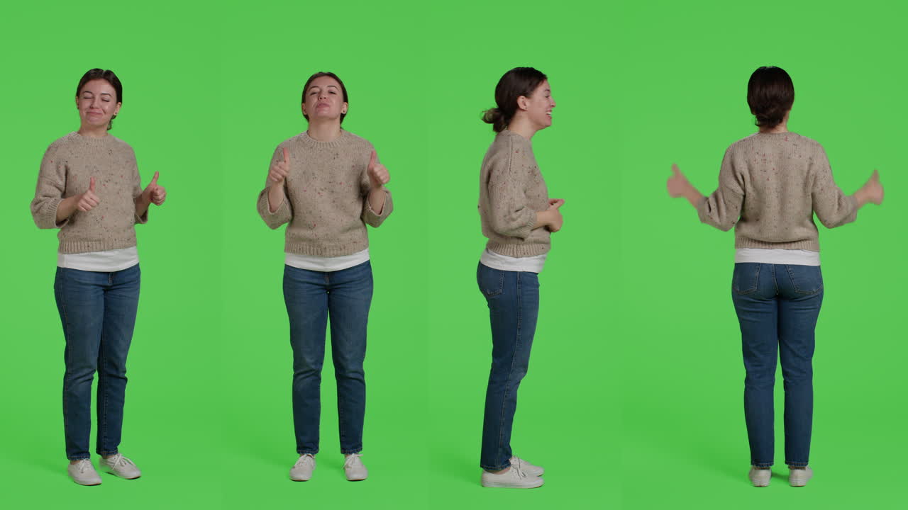 초록색 스크린에 엄지손가락을 올리는 여자