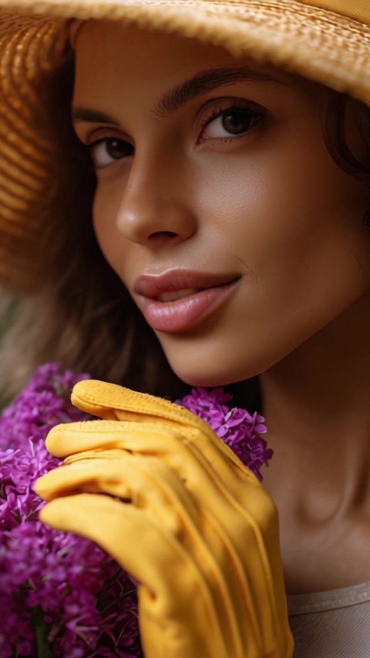 Un bellissimo primo piano di una donna con un cappello da sole che abbraccia freschi fiori viola, evidenziando la sua bellezza naturale e gli eleganti guanti gialli in un momento sereno.