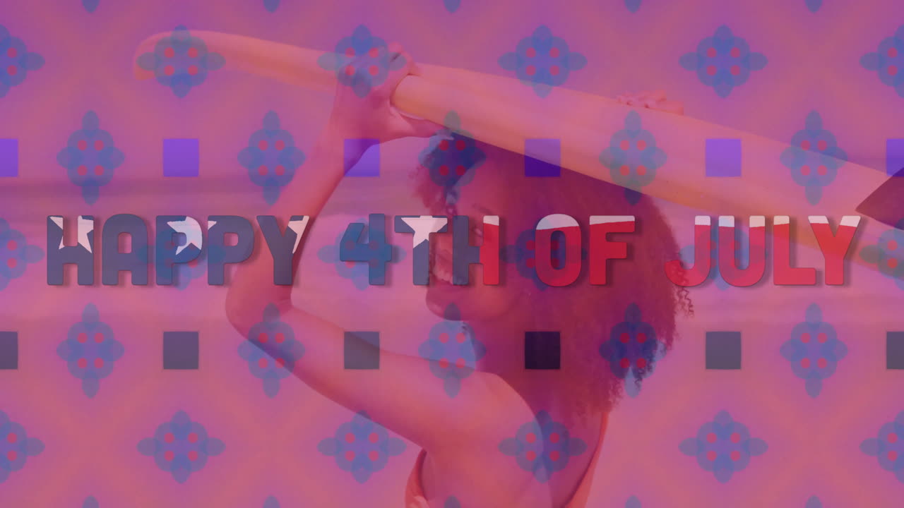 Holding colorful surfboard, person celebrating 4th of July with animation text