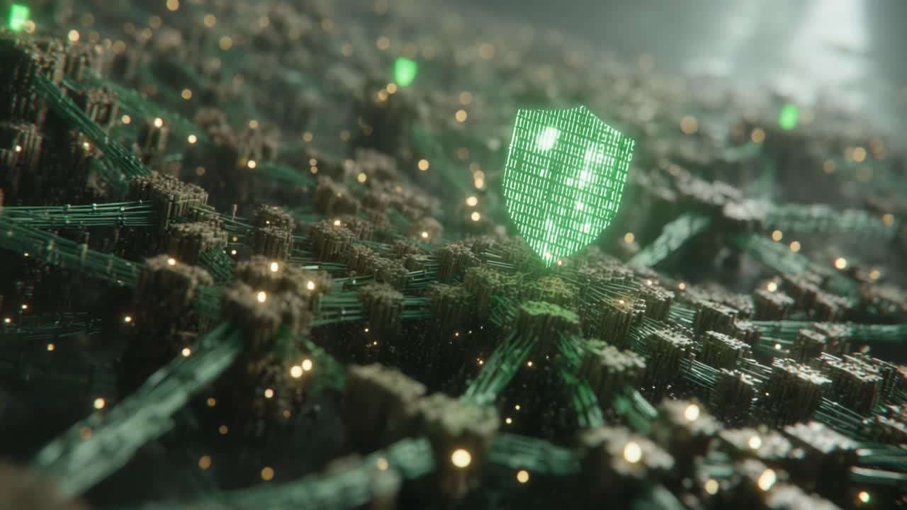 A Digital Fortress: Visualizing Cybersecurity with a Vibrant Shield among an Intricate Network of Data Connections