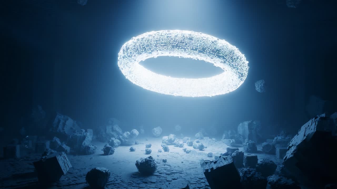 A mesmerizing portrayal of an ethereal, glowing ring suspended in a dark environment scattered with fragments, showcasing a stunning blend of light and geometric shapes