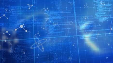 animation of molecules over data processing on blue background