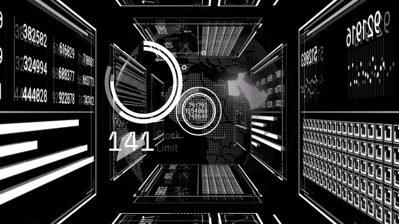 Animation of futuristic graphs and numbers in digital data tunnel design