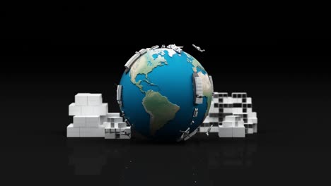 world wide cargo container transport concept in dark tone colour with truck and van air plane on globe 3d render animation loop