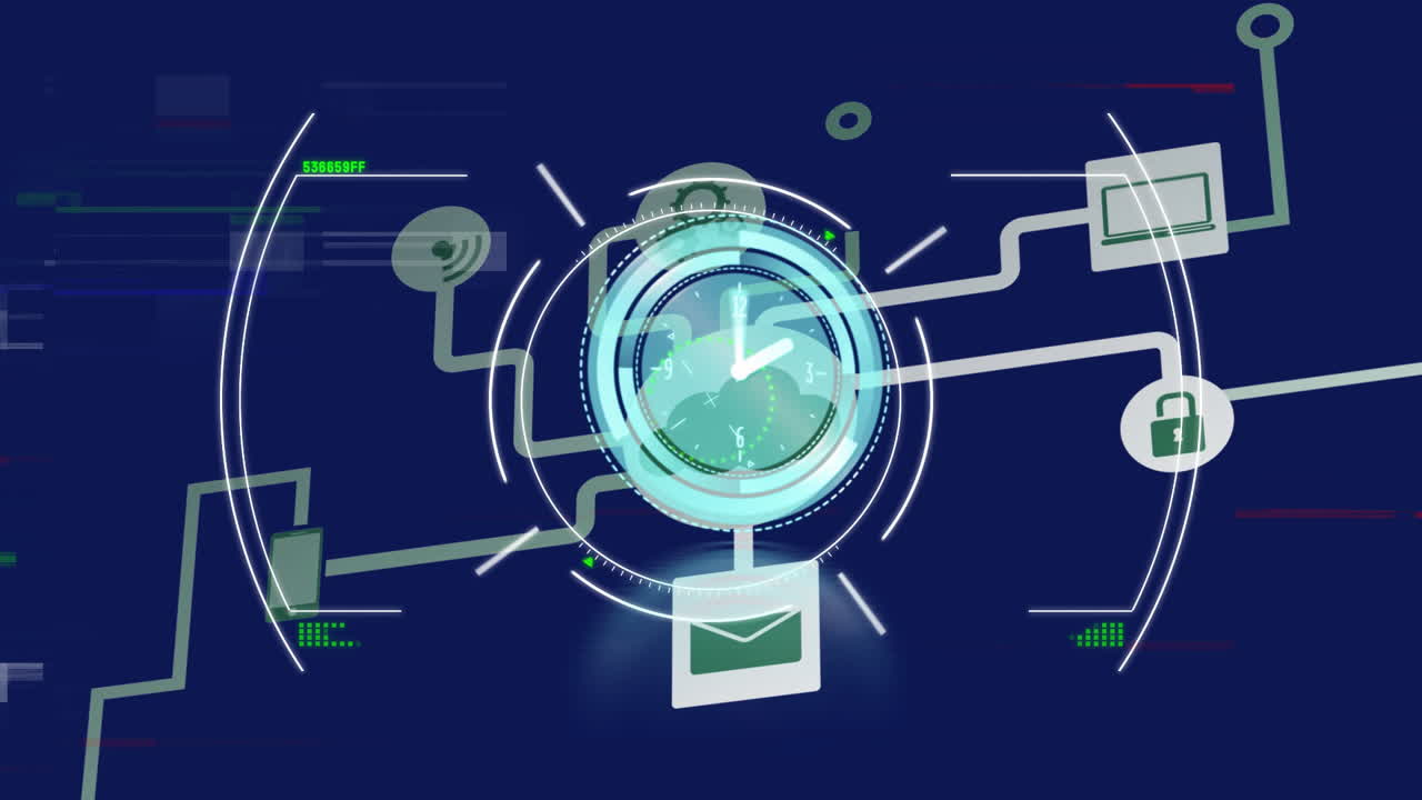 Interconnected digital communication and security icons on blue background animation