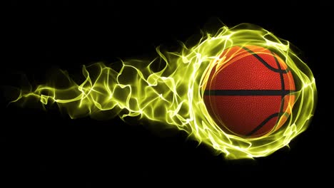 basket ball in yellow flames abstract particles ring, loop, 4k