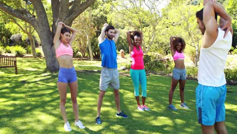 group of friends exercising in park